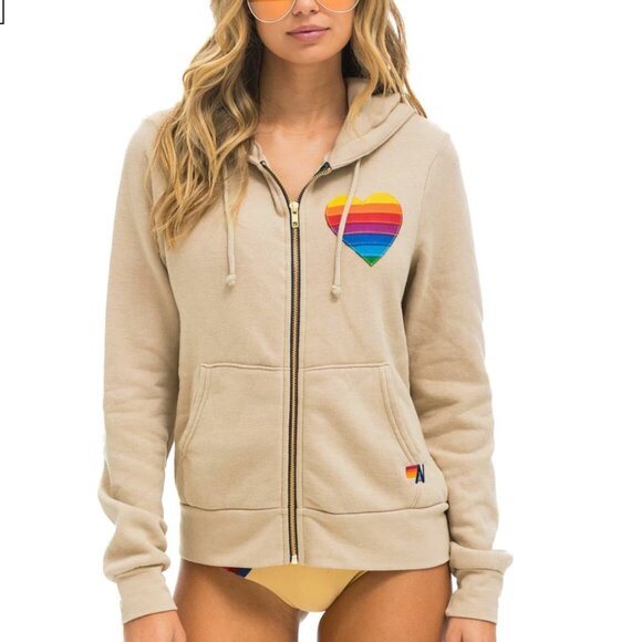Aviator Nation Tan Hoodie with Rainbow Heart - Picture 1 of 6